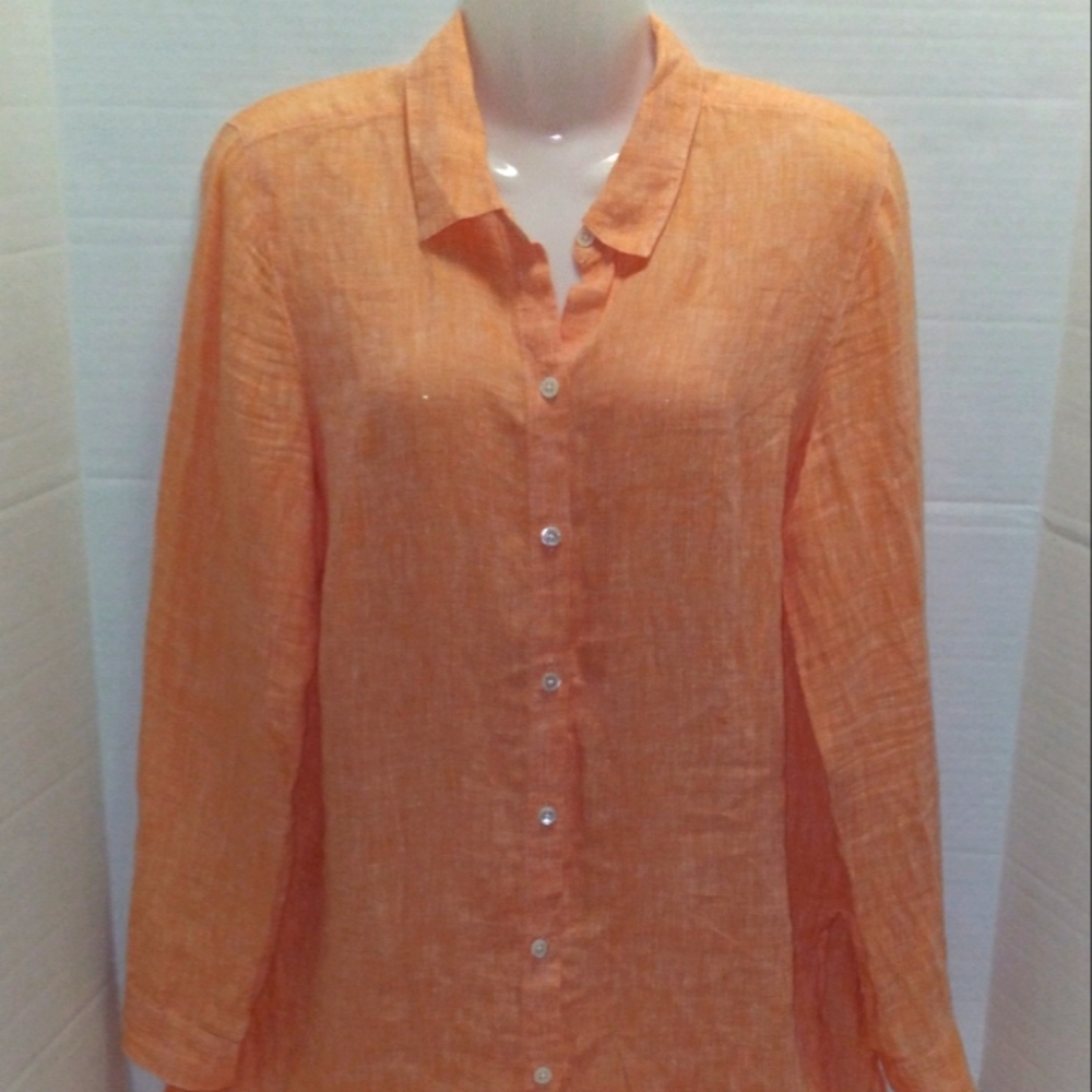 J. Jill Women’s Love Linen Heathered Orange Button Up Tunic Split Sides Line S